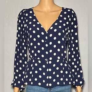 🌷J CREW NAVY BLUE POLKA DOT PEPLUM BLOUSE SZ 6
